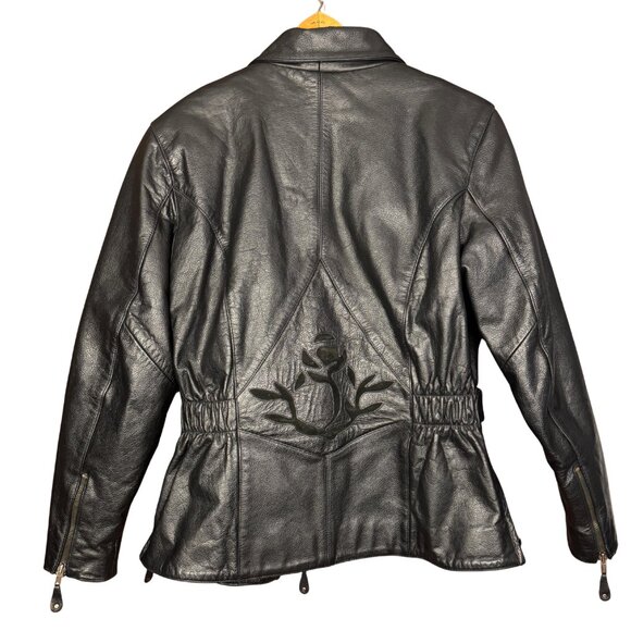 Vintage 90s Black Leather Biker Jacket Belted Moto Grunge Embossed Rose Detail - Picture 2 of 14